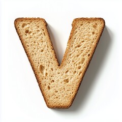 A font V shaped from loaf bread slice, education alphabet kids with sweet food, isolated white