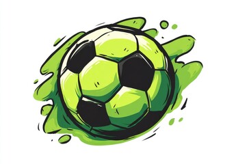 Obraz premium A vibrant green soccer ball, sketched style, set against a dynamic green paint splatter backdrop