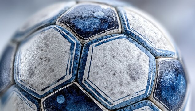 Close-up of a worn, blue and white soccer ball, showing its textured, hexagonal panels and faded, speckled appearance, suggesting age and use