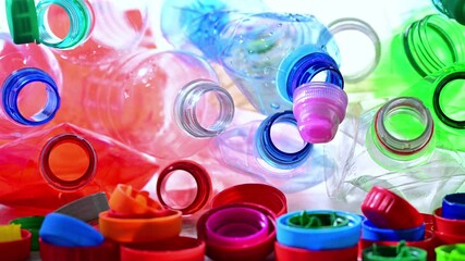 Empty colored drink bottles. Recyclable plastic waste.