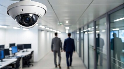 A security camera is mounted on the ceiling, overlooking a modern office corridor where two men in suits walk past.