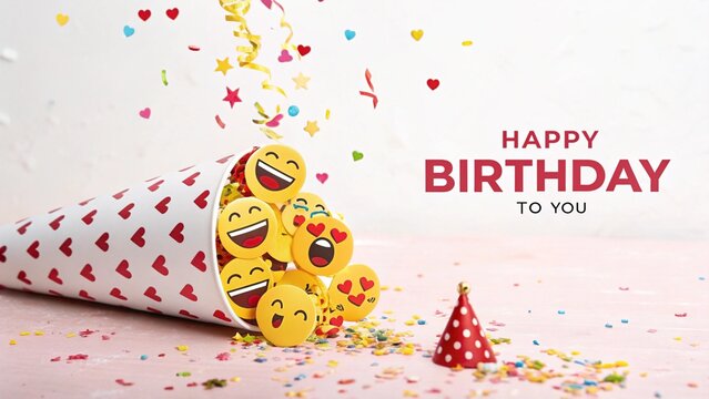 Festive birthday celebration with emoji characters bursting from a party cone, confetti, and a cheerful happy birthday message isolated on white background - Powered by Adobe