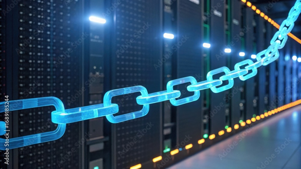 Poster a futuristic data center featuring glowing servers connected by a digital chain, symbolizing securit