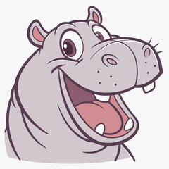 A happy cartoon hippo with a wide open mouth and big eyes smiling joyfully
