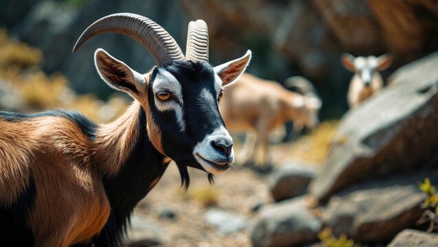 A goatherd with an African goat in the wilderness with other goats and rocks.