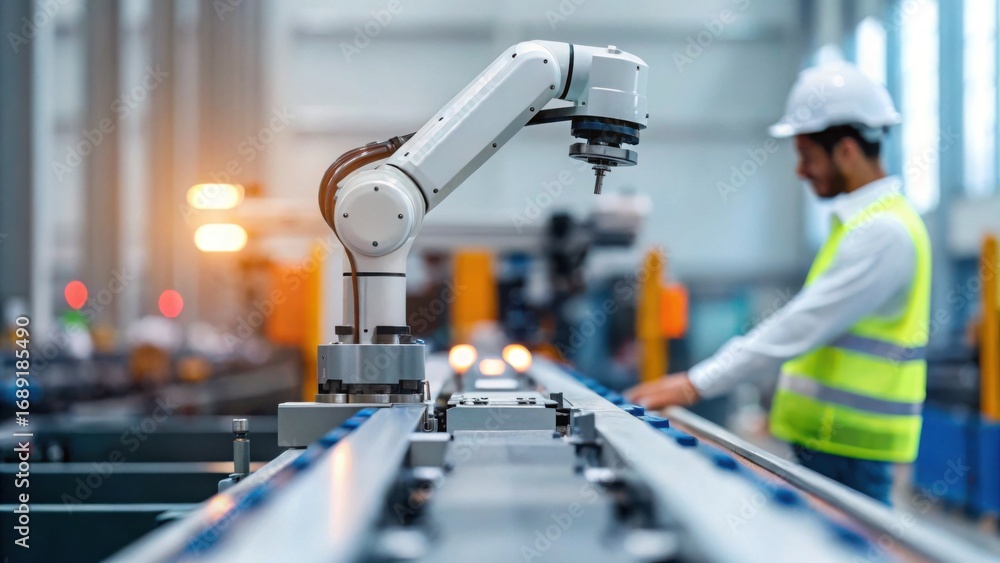 Poster a modern industrial setting featuring a robotic arm working on an assembly line while a safety-consc