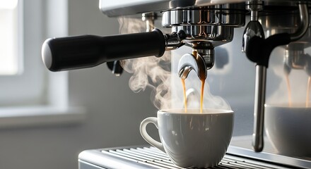 Steaming hot espresso pours into a white cup from a professional coffee machine, creating a rich aroma and perfect morning brew.