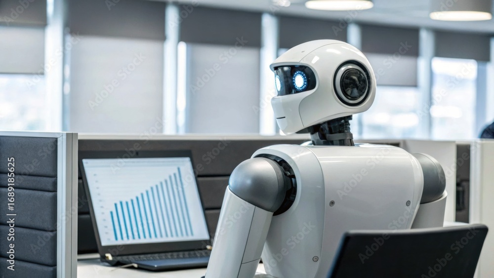 Poster a robotic figure sits at a desk, gazing at a computer screen displaying a graph, representing the in