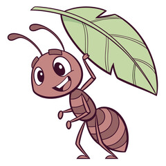 Cute cartoon ant character carrying a large green leaf over its head with a happy expression