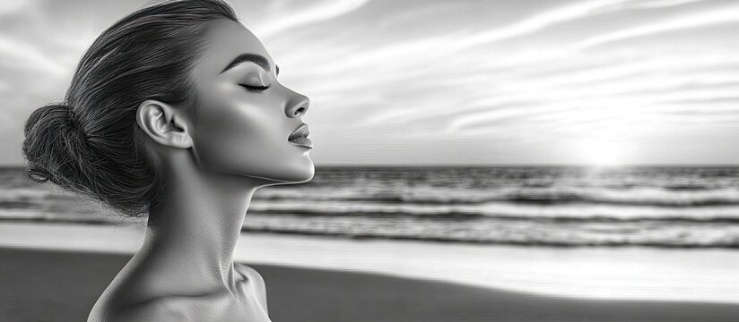 Monochrome Serenity: Woman's Profile with Closed Eyes on a Tranquil Beach, Embracing Nature's Peace