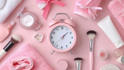 Pink spa accessories and a clock, flat lay