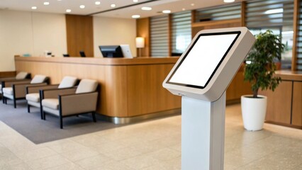 A modern reception area featuring a digital kiosk, comfortable seating, and a sleek wooden counter, creating a welcoming environment.
