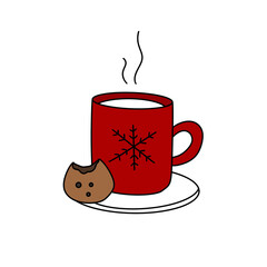 A red mug with a snowflake design sits on a white plate with a cookie on top