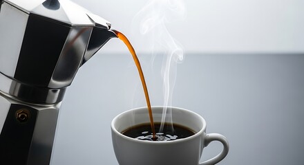 Pouring aromatic hot coffee from a moka pot into a white mug, creating a comforting morning ritual with rising steam.