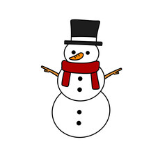 A cartoon snowman with a red scarf and a black hat