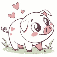 Cute cartoon pig with pink hearts floating above standing on grass adorable illustration