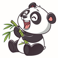 Cute cartoon panda bear sitting and happily eating a stalk of green bamboo
