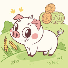 Cute cartoon piglet standing in a grassy field with hay bales and corn stalks