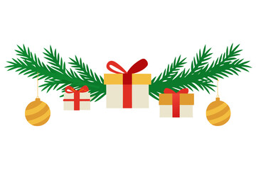 Christmas gifts and ornaments on pine branches