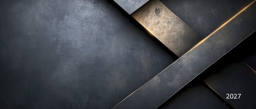 Abstract Dark Metallic Background with Glowing Gold Lines and Geometric Planes, Textured Charcoal Surface for Modern Design and Event Branding
