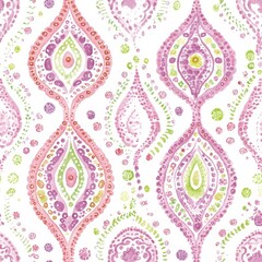 A pattern of pink and green flowers with green leaves