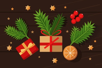 Festive christmas gifts with pine branches and oranges on wood