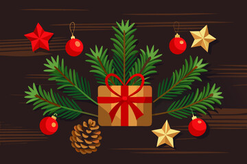 Festive christmas decorations with gift and pinecone