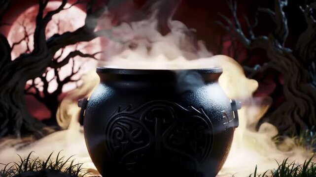 Mysterious bubbling cauldron on a dark, spooky forest floor with a full moon and mist, evoking a Halloween or witchcraft theme