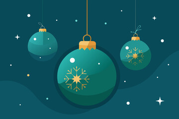 Teal christmas ornaments with snowflakes and stars on dark background
