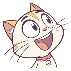 Joyful cartoon cat with big eyes and a wide smile wearing a collar with a bell