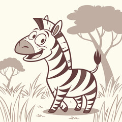 Happy cartoon zebra with big eyes winking in a grassy savanna with trees