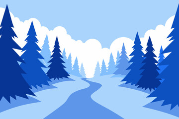 Stylized blue winter forest landscape with snowy path
