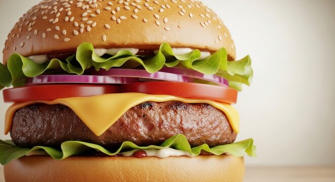 Classic Gourmet Cheeseburger with Fresh Vegetables and Melted Cheese, Ideal for Menu and Fast Food Advertising - Powered by Adobe