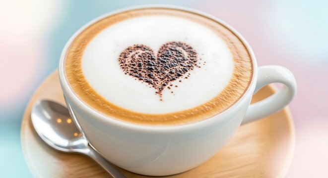 Savor the moment with a perfectly crafted latte featuring a charming cocoa heart design, ideal for cafes and cozy mornings.