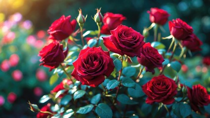 Obraz premium Cluster of red roses with vibrant colors and green leaves against a blurred garden background. Beautiful floral display. Natural beauty and garden flowers.