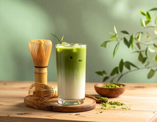 Refreshing matcha latte sits on wooden table next to bamboo whisk and bowl of matcha powder against a light green wall, creating a serene and healthy vibe.