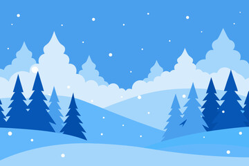 Stylized winter landscape with snowing trees and hills
