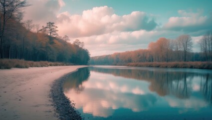 A serene river landscape with trees, sandy shores, and a sky with clouds reflecting on the water.