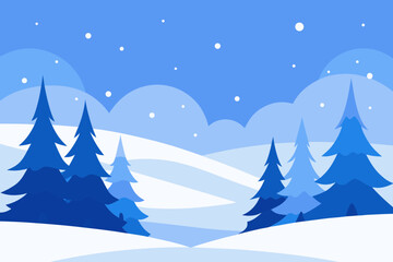 Stylized snowy forest landscape with blue tones and falling snow