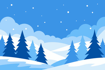 Stylized winter landscape with snowing trees and hills