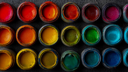 A vibrant collection of open paint pots in a rainbow of colors arranged in rows