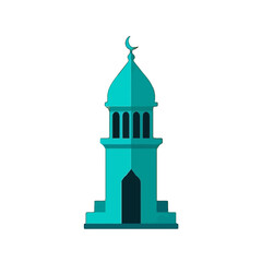 Vector art of a stylized turquoise minaret with a crescent moon on top, isolated on a transparent background, representing islamic architecture and religious symbols