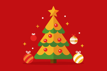 Festive christmas tree with ornaments and stars on red background