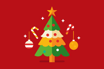 Festive christmas tree with ornaments and candy canes on red background
