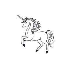 Vector art of a majestic unicorn with a flowing mane and tail, standing elegantly isolated on a transparent background, symbolizing fantasy and magic