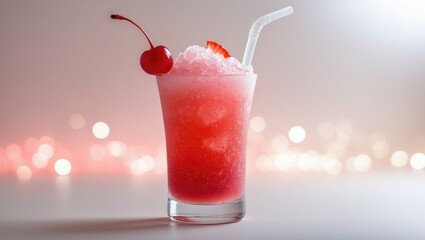 A refreshing strawberry cocktail in a glass with a cherry and straw. Fruit beverage, summer drink, sweet and cold.