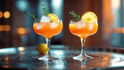 Two cocktails with lemon slices and herbs on a reflective surface, with blurred background and warm lighting.