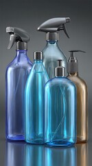 Shiny bottles of various shapes and sizes arranged on a reflective surface in a modern setting