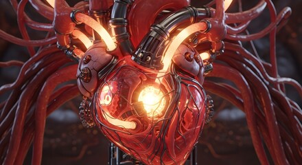 A glowing, mechanical heart with intricate pipes and glowing veins, suggesting advanced technology and biological engineering.