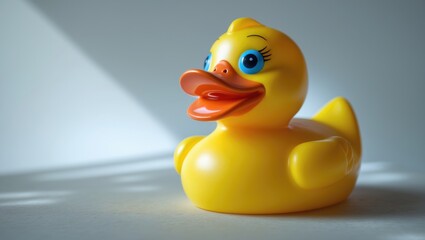 A yellow rubber duck with orange beak and blue eyes placed on a white surface with light and shadow.